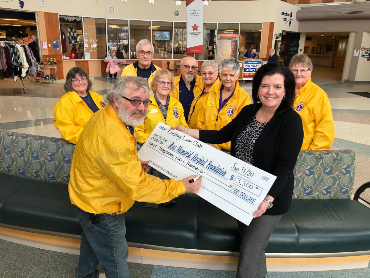 The Lindsay Lions Club donated $3,000 to help purchase new intravenous pumps at Ross Memorial Hospital. Shown are Kelly Tamlin, Tom Loveland, Merilynne Golden, Rick Roddy, Faye McQuade, Mary Fryer, Linda Craig (Front row) Chris Miles (Lindsay Lions President) and Erin Coons, Ross Memorial Hospital Foundation.