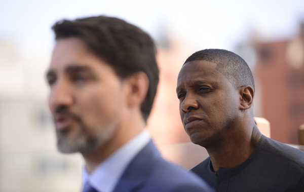 Prime Minister Justin Trudeau holds a press conference with Toronto Raptors president Masai Ujiri in Addis Ababa, Ethiopia on Sunday, Feb. 9, 2020.