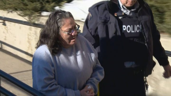 Mavis Takakenew enters Queen’s Bench Court in Battleford, Sask., on Feb. 10, 2020. She is the second person to plead guilty to involvement in the killing of Tiki Laverdiere.