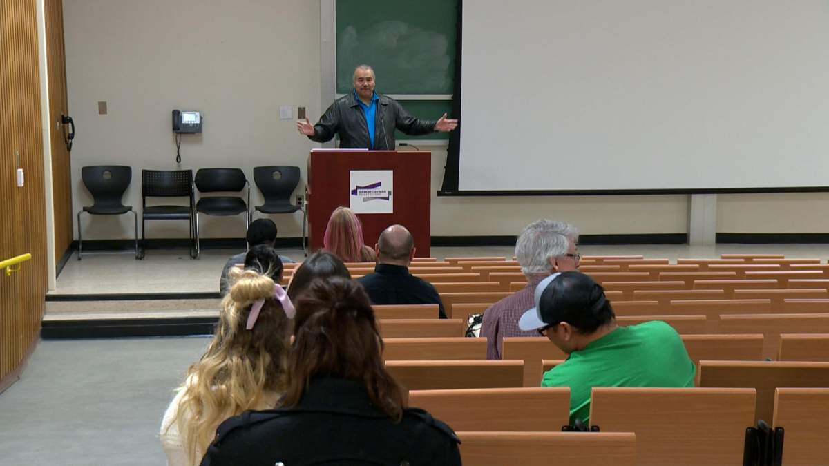 Vernon Linklater, a family violence worker at the Saskatoon Indian and Metis Friendship Centre,  speaks at the Moose Hide Campaign.