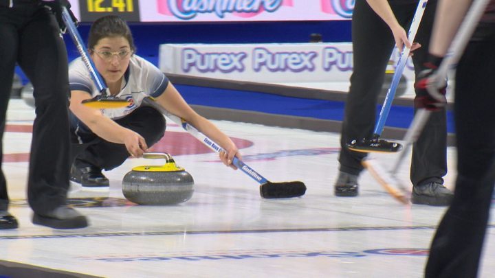 Emma Logan, Team Nova Scotia’s lead, throws a rock during Monday’s afternoon draw against Team Newfoundland and Labrador.