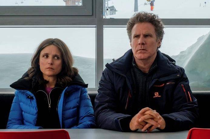 Julia Louis-Dreyfus, left, and Will Ferrell in a scene from ‘Downhill,’ a remake of the Swedish film ‘Force Majeure.’ (Jaap Buitendijk/Fox Searchlight via AP)