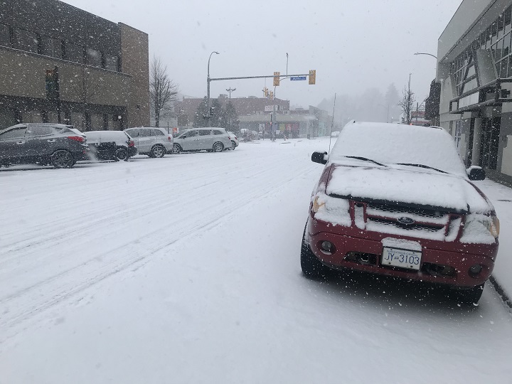 Downtown Kelowna on Tuesday morning. Environment Canada was calling for 2 to 4 cm starting at noon, but snowfall began shortly after 9:30 a.m.