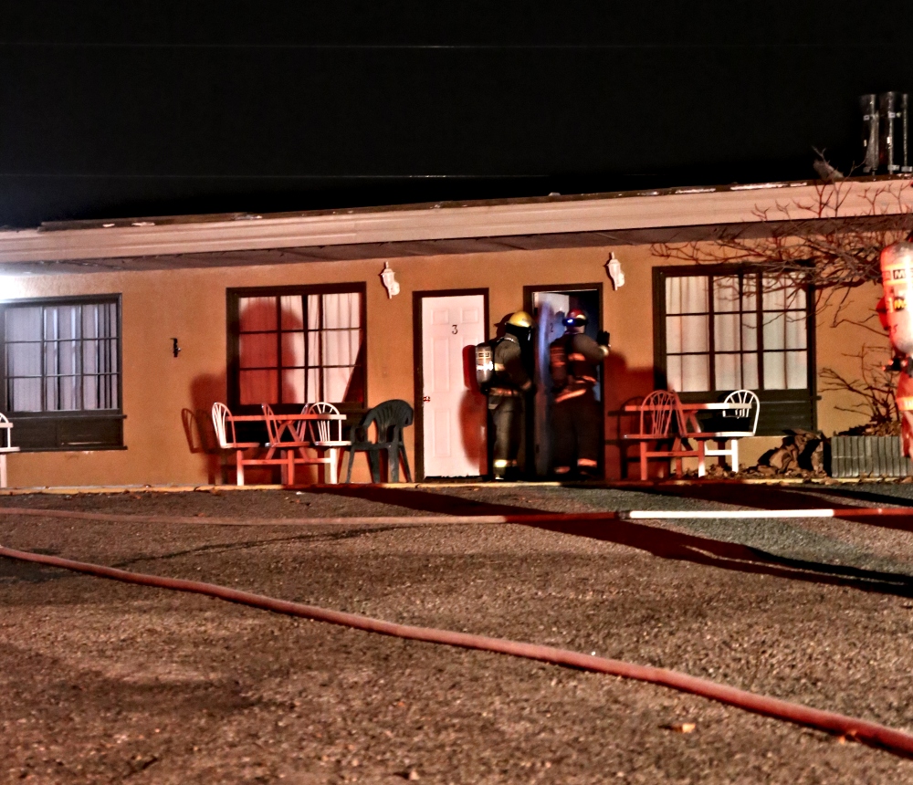 The Osoyoos Fire Department responds to a fire in an empty hotel room at the Highland Inn on Highway 3 early Sunday morning. 