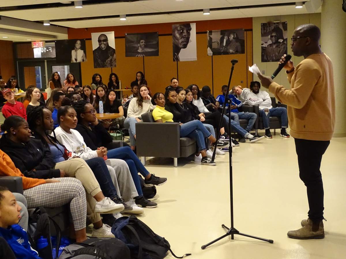 Students from Champlain College Saint-Lambert listen to the "Tracking Black Canada" presentation on Jan 29, 2020.