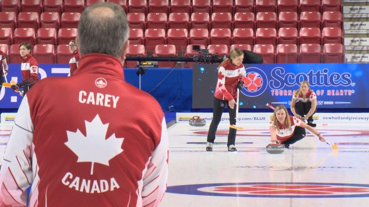 Dan Carey holds the broom for his daughter Chelsea.
