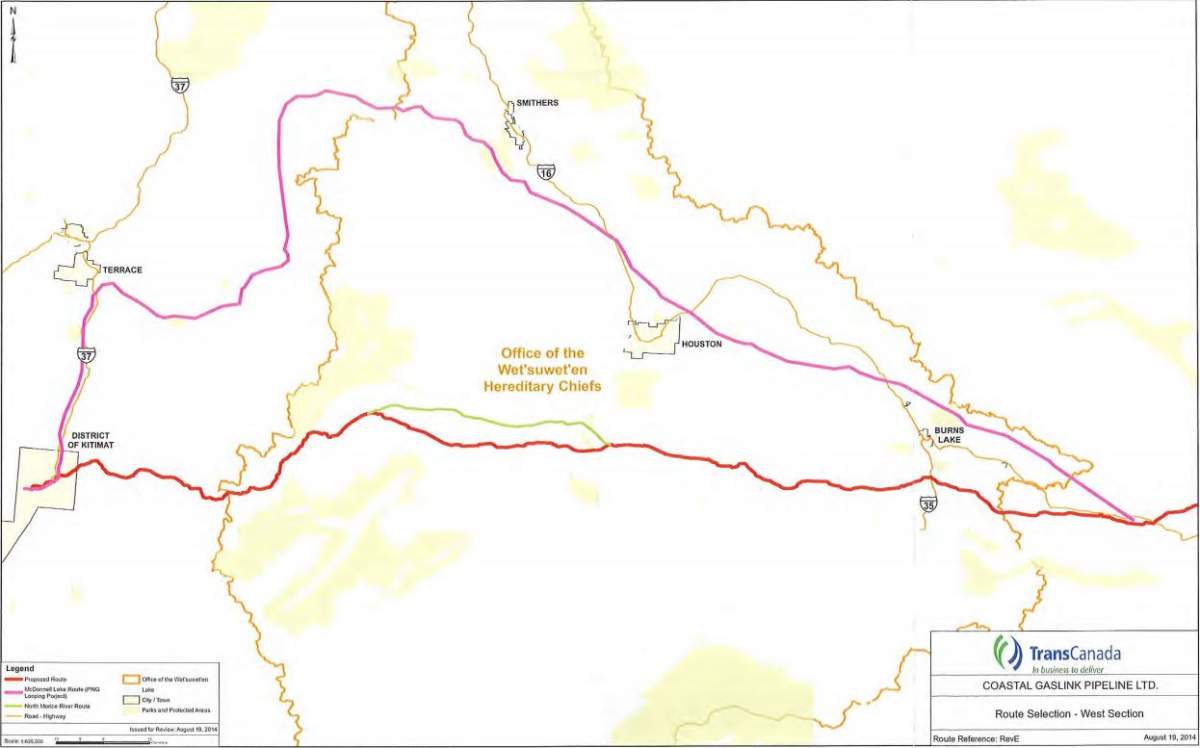 A look at the proposed routes for the Coastal GasLink pipeline in northern B.C. The route ultimately chosen for the project is seen in red, while the alternative route proposed by the Wet’suwet’en hereditary chiefs that goes around its traditional territory is seen in purple.