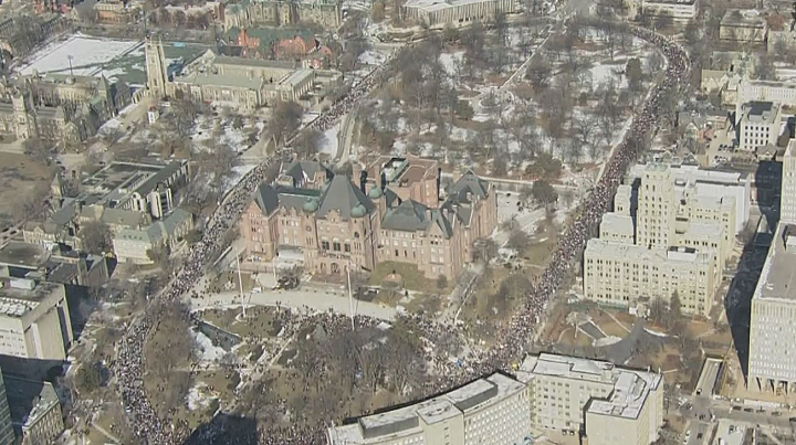 Thousands of educators surround Queen’s Park on Friday as the province’s four largest teachers’ unions hold the biggest provincewide walkout since 1997.