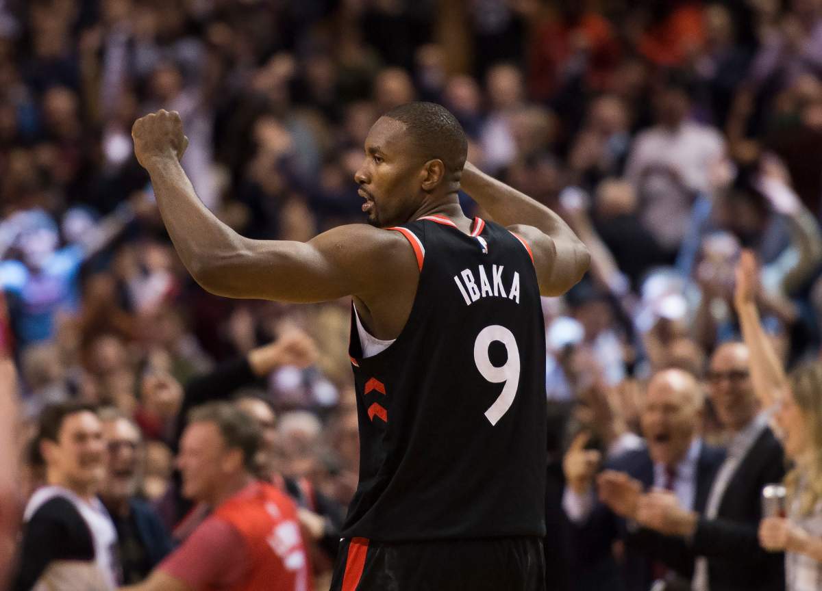 Toronto Raptors centre Serge Ibaka (9) reacts after scoring the game winning three point basket to defeat the Indiana Pacers during second half NBA basketball action in Toronto on Wednesday, February 5, 2020.