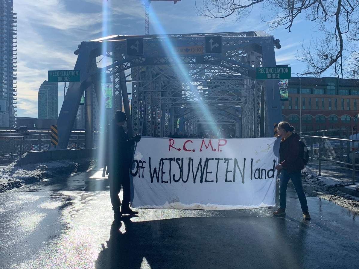 Protesters blocked the Reconciliation Bridge in Calgary on Monday as part of a rally in support of Wet’suwet’en hereditary chiefs.