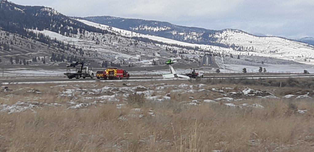 The scene of a plane wreck on the runway of the Merritt Airport early Monday morning.