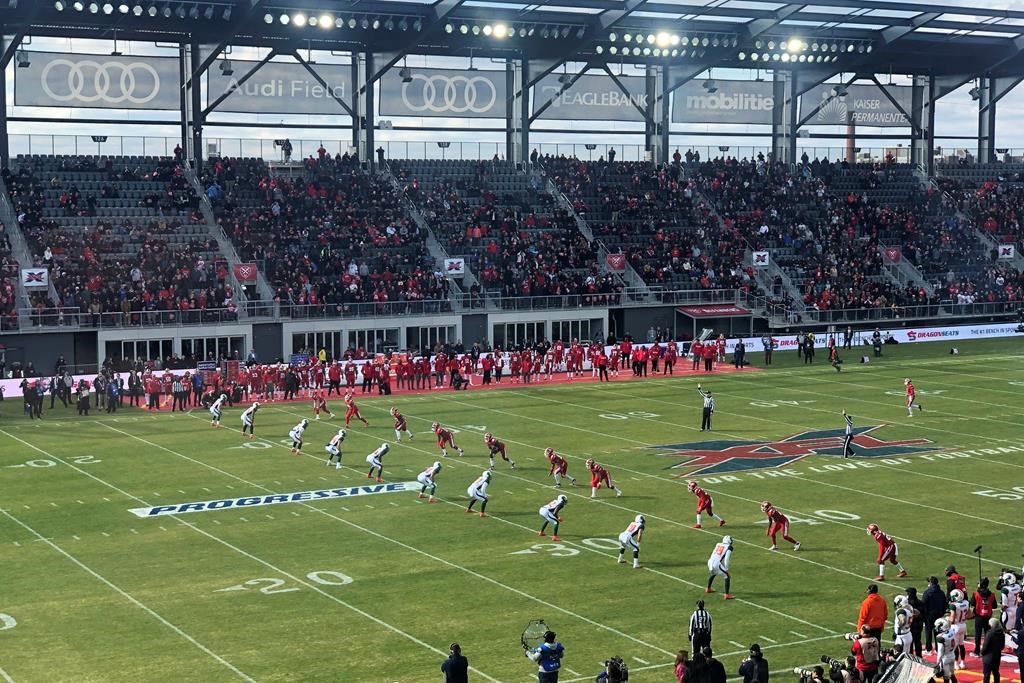 The D.C. Defenders, right, line up against the Seattle Dragons for the opening kickoff of the opening football game of the XFL season, Saturday, Feb. 8, 2020, in Washington, DC.