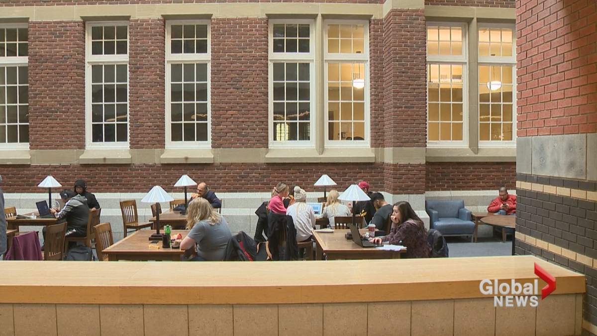 Students study in an atrium at the Southern Alberta Institute of Technology in Calgary. 