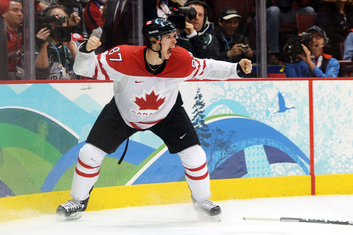 VANCOUVER, BC - FEBRUARY 28, 2010:  Sidney Crosby #87 of Team Canada celebrates after scoring the 'Golden Goal' in overtime during the ice hockey men's gold medal game between USA and Canada on day 17 of the Vancouver 2010 Winter Olympics.