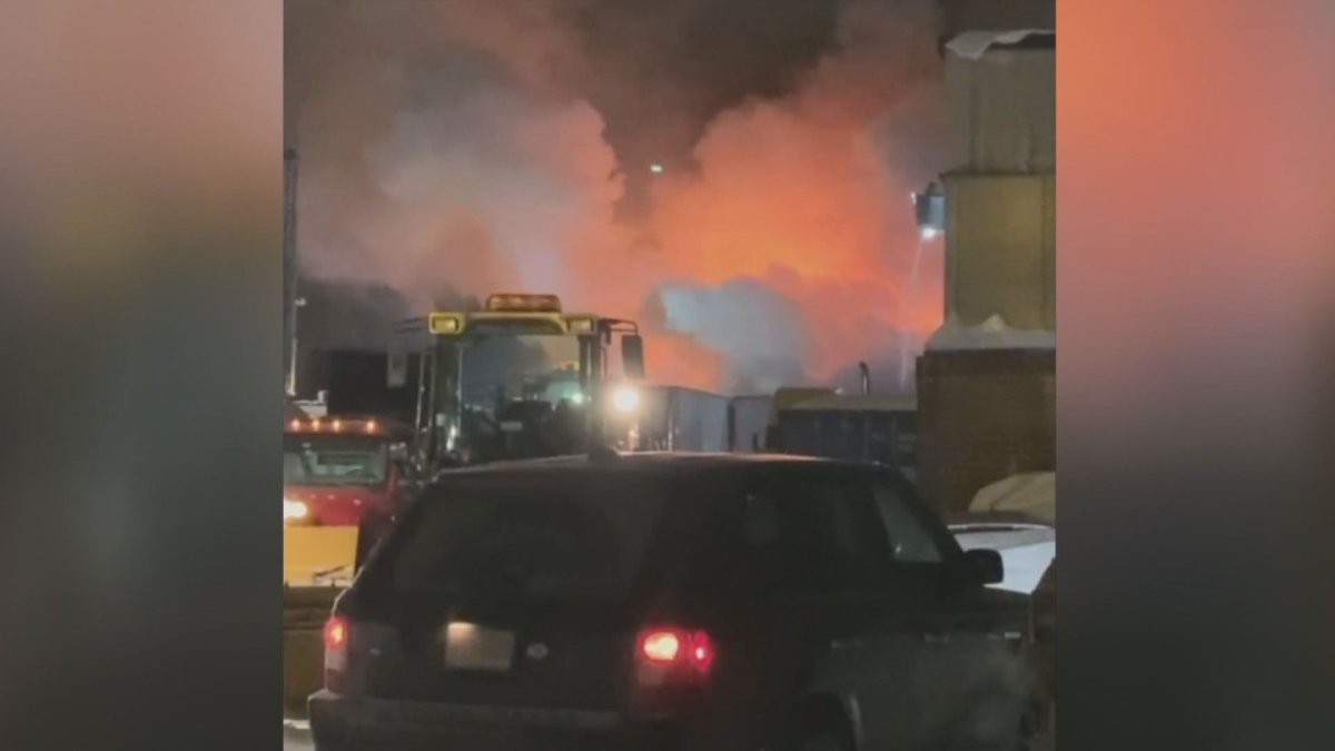 The Montreal police arson squad is investigating after a commercial building in the borough of Saint-Laurent was engulfed in flames on Sunday, Feb. 9, 2020.
