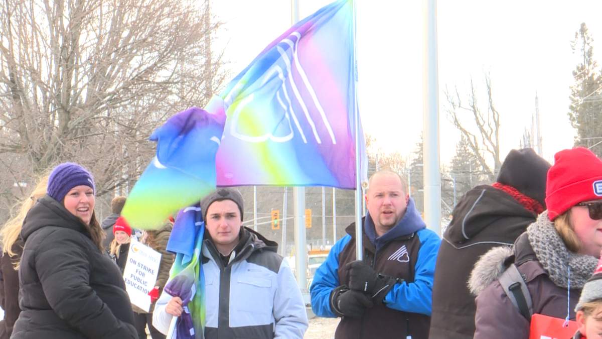 Teachers and support staff outside La Salle Secondary School in Kingston’s east end.