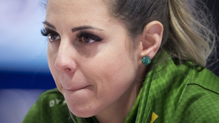 Team Saskatchewan skip Robyn Silvernagle pauses for a moment during draw 16 against Team P.E.I. at the Scotties Tournament of Hearts in Moose Jaw, Sask., Feb. 20, 2020. 