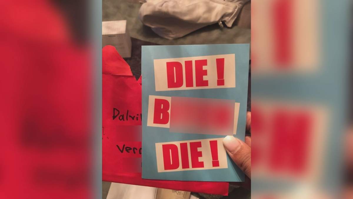 The threatening card Nahal received in the mail. Global News has added blurring.