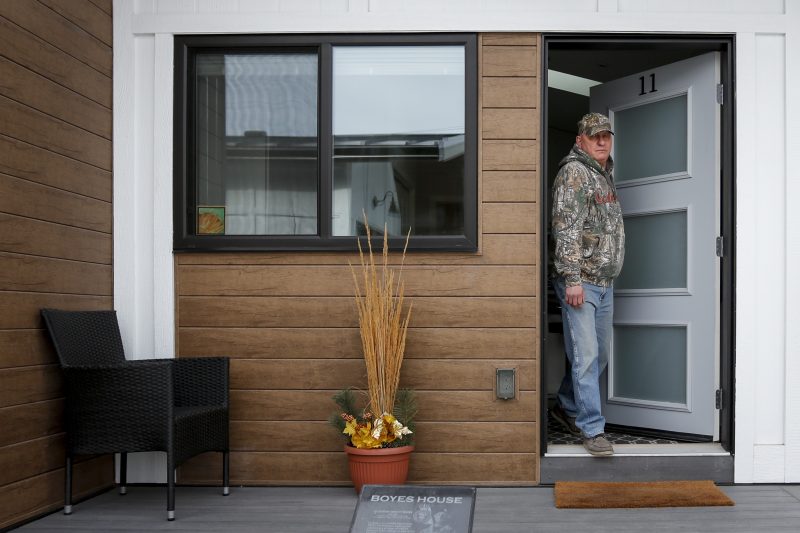 Dirk Lemcke, who served 8 and a half years in a combat regiment with the US military, leaves his "tiny home" at the ATCO Village Homes for Heroes in Calgary, Alta., Wednesday, Jan. 29, 2020.