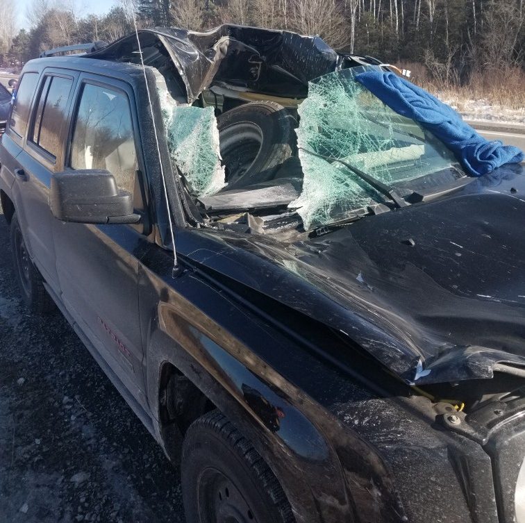 OPP say a tractor-trailer tire fell off and struck this vehicle on Hwy. 7 on Wednesday.