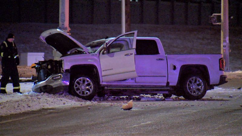 Calgary police investigate a deadly crash in the intersection of Métis Trail Northeast and Country Hills Boulevard Northeast on Monday, Feb. 10, 2020.