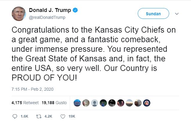 This screenshot taken from cached website Wayback Machine shows U.S. President Donald Trump congratulated the Kansas City Chiefs Sunday for their Super Bowl win by stating they were from the state of Kansas. Kansas City is located in Missouri. 
