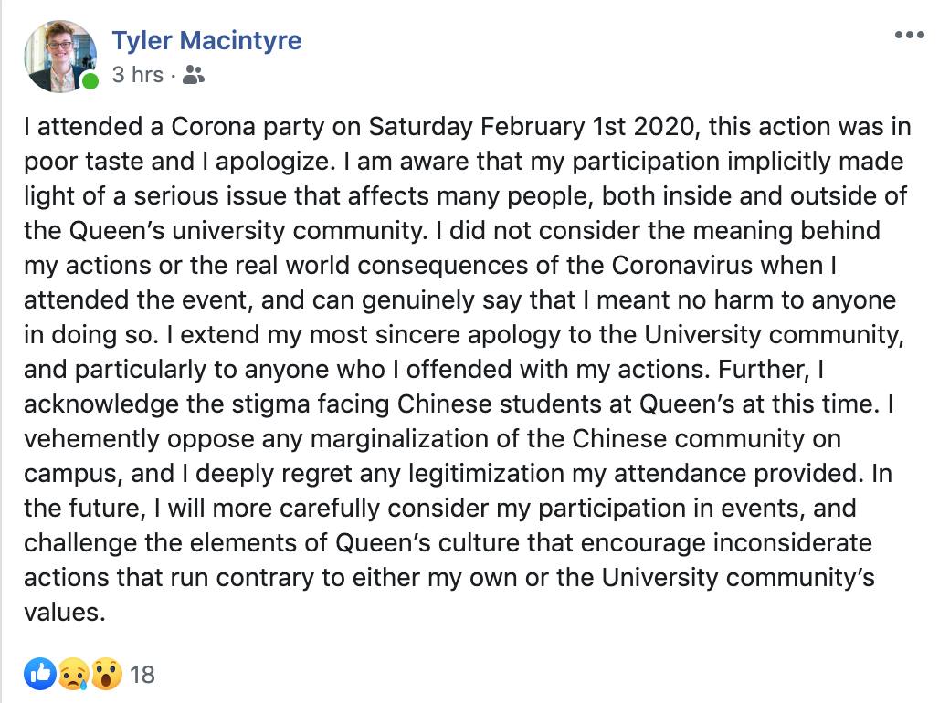 Queen’s student trustee resigns following attendance at coronavirus-themed party - image
