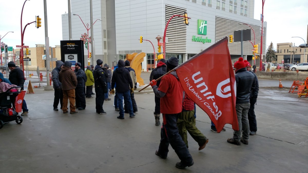 Approximately 34 people were out front of TCU Place on Saturday morning to show support for Unifor 594 members, with the annual meeting for the Federated Co-op Limited taking place inside.