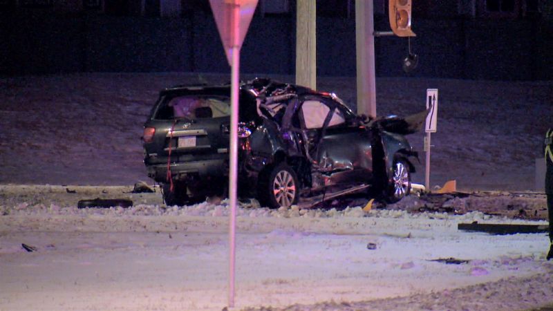 Calgary police investigate a deadly crash in the intersection of Métis Trail Northeast and Country Hills Boulevard Northeast on Monday, Feb. 10, 2020.