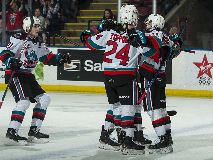 The Kelowna Rockets, seen here celebrating a goal, will host the Red Deer Rebels on Saturday night.