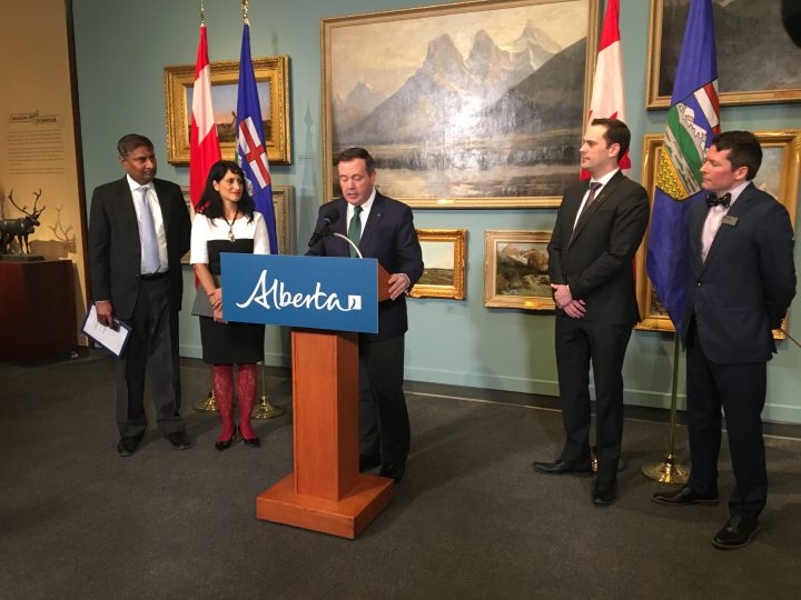 Alberta Premier Jason Kenney, Minister Leela Sharon Aheer and Minister Prasad Panda make a project announcement at the Glenbow Museum.