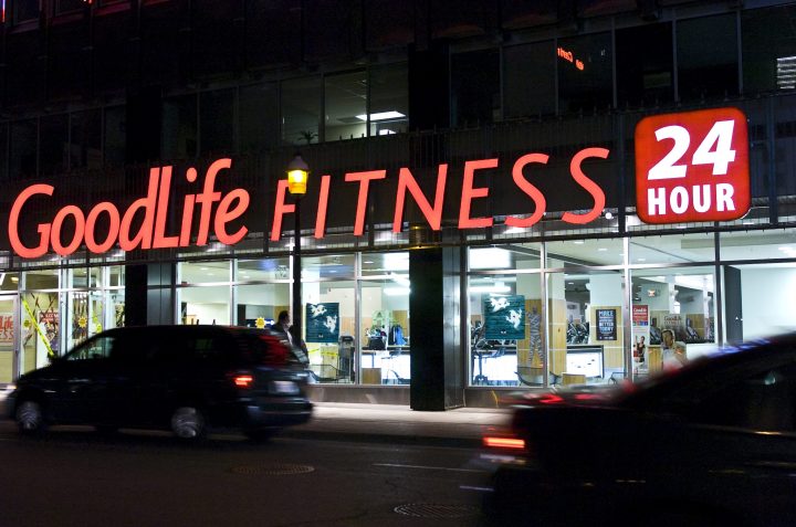 FILE PHOTO: A general view of a 24 hour GoodLife Fitness storefront at night in downtown Toronto. 