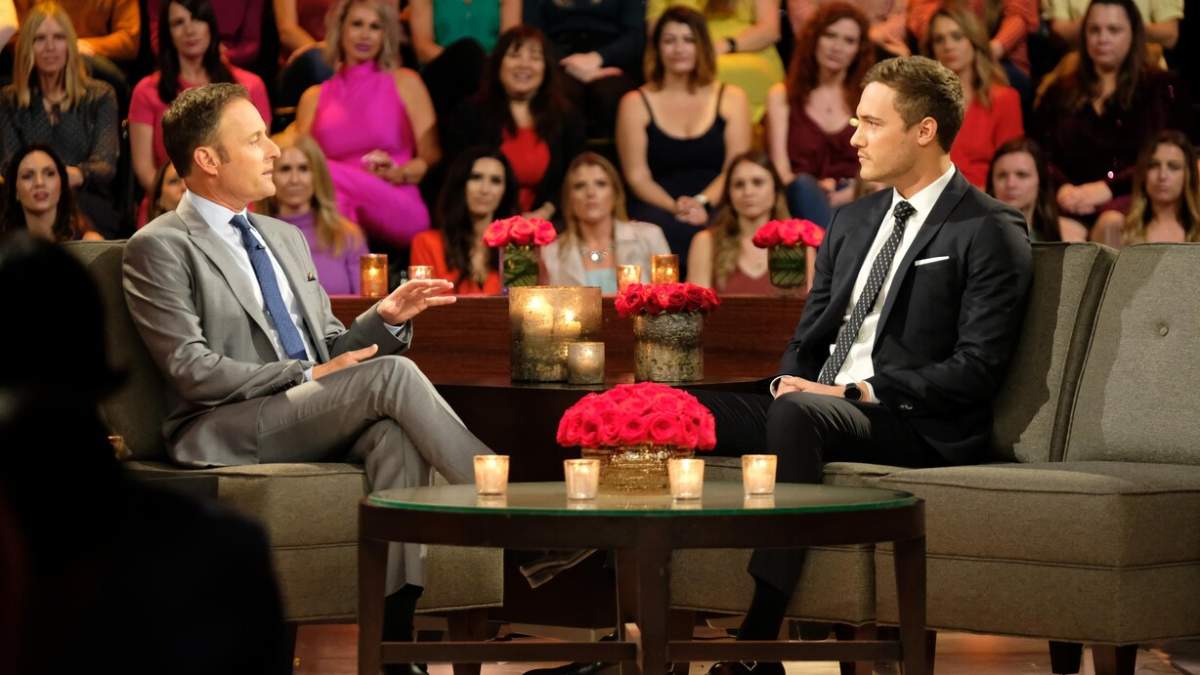 Host Chris Harrison, left, and bachelor Peter Weber.