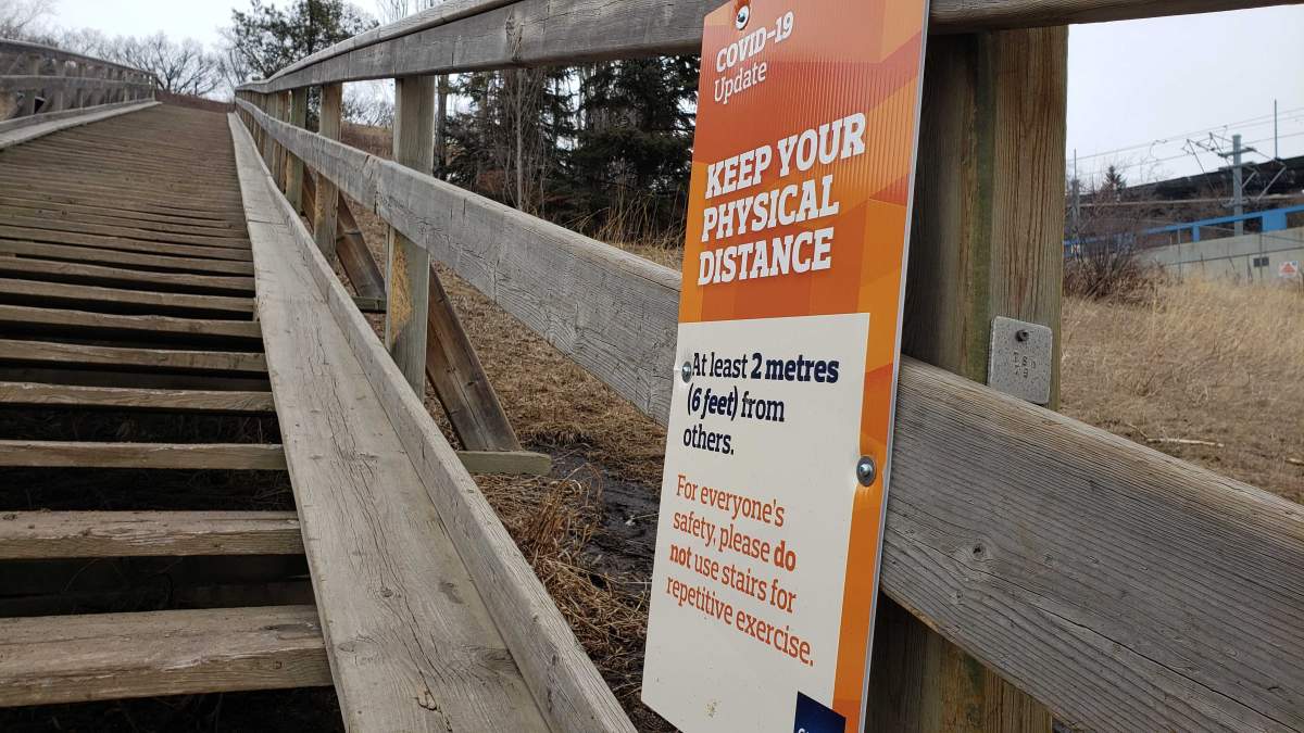 A sign posted at the Royal Glenora staircase in Edmonton's River Valley. 