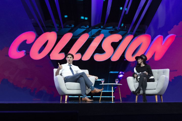 Prime Minister Justin Trudeau participates in an armchair discussion with founder and CEO of BroadbandTV Corp, Shahrzad Rafati, at the Collision tech conference in Toronto on Monday May 20, 2019.