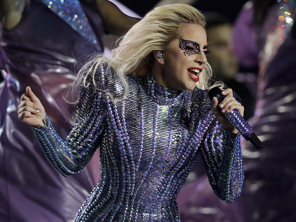In this Feb. 5, 2017 file photo, singer Lady Gaga performs during the halftime show of the NFL Super Bowl 51 football game between the New England Patriots and the Atlanta Falcons, in Houston, Texas.