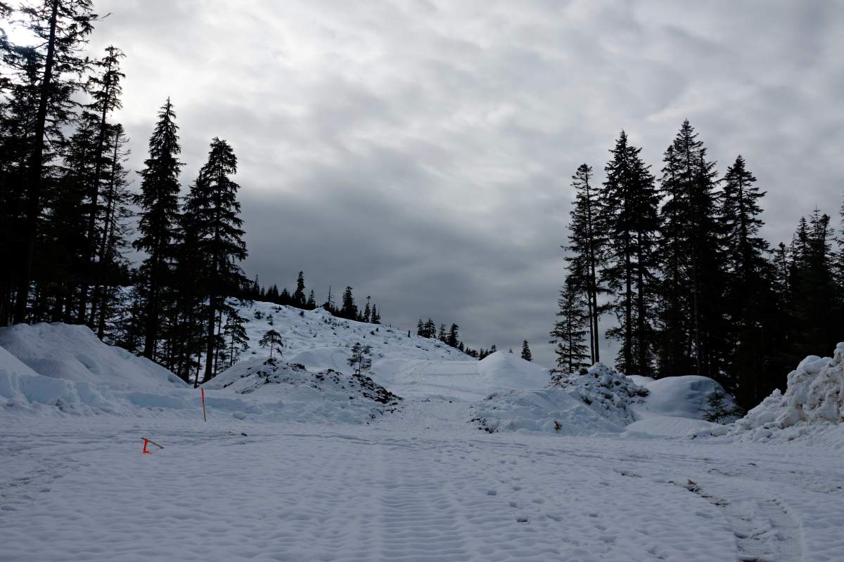 A caution sign is seen on the construction route of the Coastal GasLink pipeline at Hirsch Creek, near Kitimat, BC, part of the LNG Canada natural gas project, February 23, 2020. 