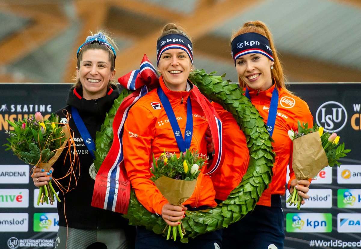 (L-R) Second placed Ivanie Blondin from Canada, first placed Ireen Wust from the Netherlands and third placed Antoinette de Jong from the Netherlands pose during the award ceremony for women's Allround competition at the ISU World Speed Skating Championships 2020 in Hamar, Norway, 01 March 2020.