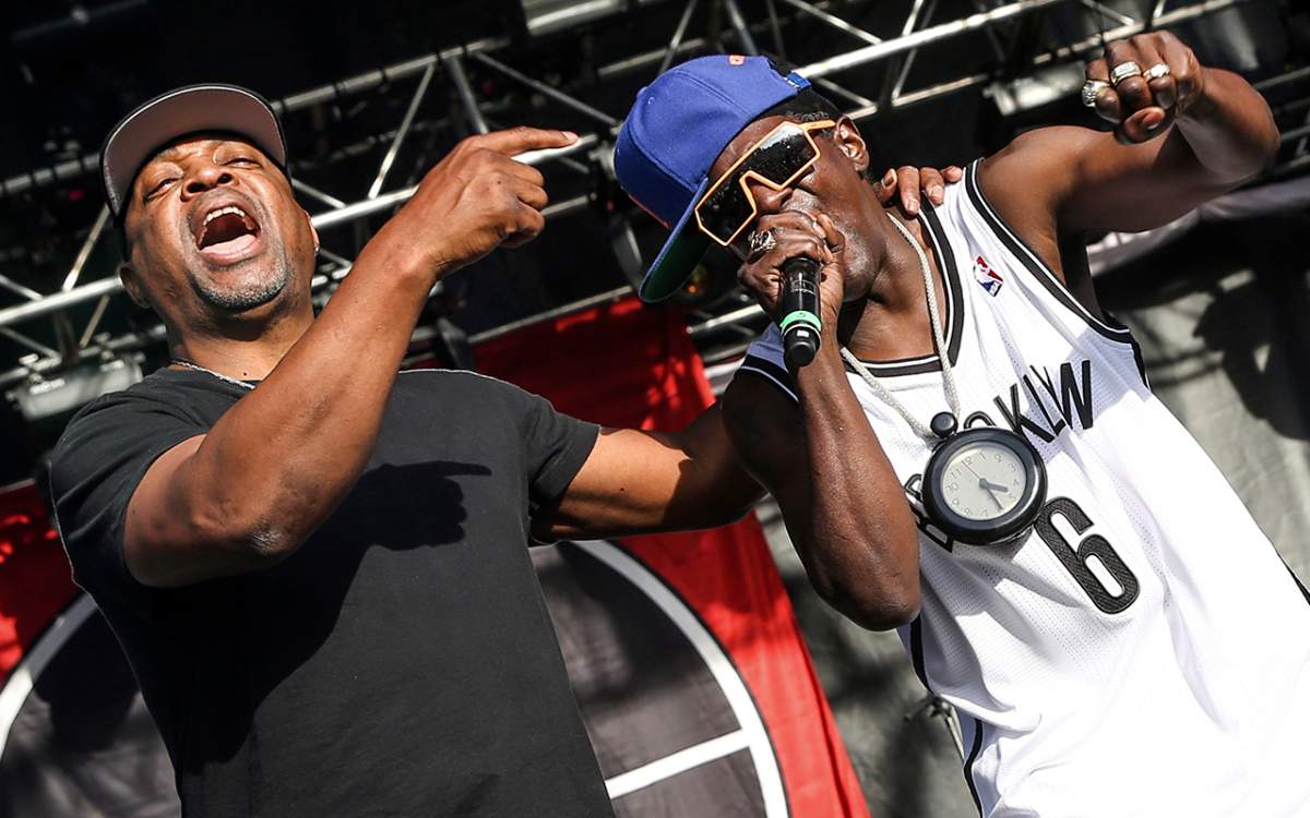 This May 29, 2015, file photo shows Chuck D, left, and Flavor Flav of Public Enemy performing at the 2015 BottleRock Napa Valley Music Festival in Napa, Calif.