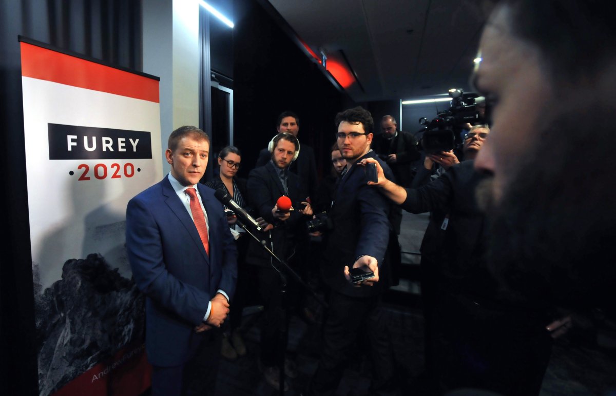 Dr. Andrew Furey takes questions from the media at the ALT Hotel in St. John’s NL on Tuesday March 3, 2020 during his official launch in the race to replace Dwight Ball as leader of the provincial Liberal party and Premier of Newfoundland and Labrador. THE CANADIAN PRESS/Douglas Gaulton.