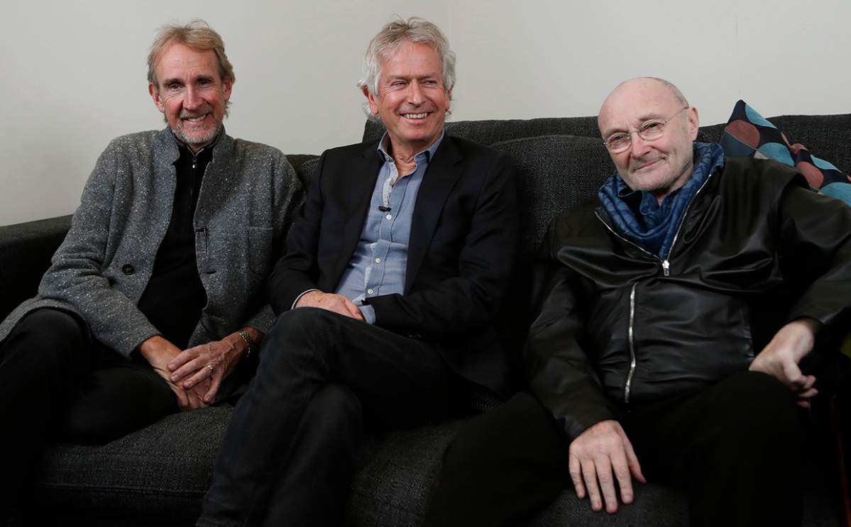 Genesis band members from left, Mike Rutherford, Tony Banks and Phil Collins, pose for a photo, during an interview with The Associated Press in London, Wednesday, March 4, 2020.