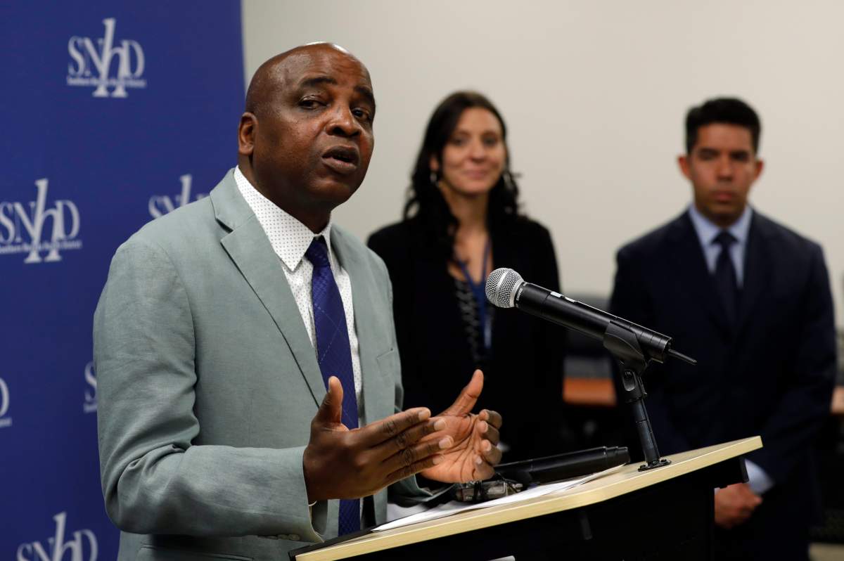 Dr. Fermin Leguen, acting chief health officer of the Southern Nevada Health District, discusses Southern Nevada's first presumptive case of coronavirus (COVID-19) during a news conference at the Southern Nevada Health District offices in Las Vegas Thursday, March 5, 2020.