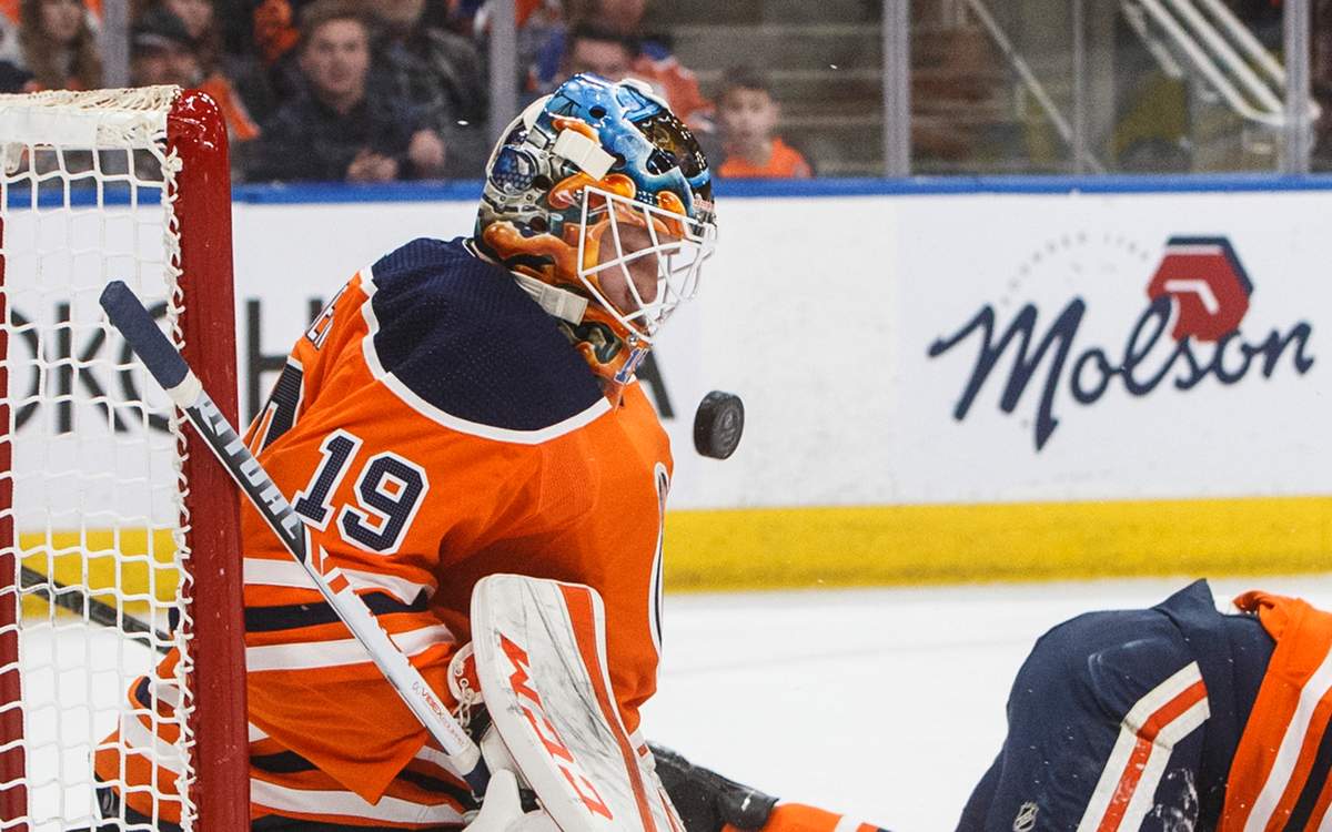 Edmonton Oilers goalie Mikko Koskinen makes the save against the Columbus Blue Jackets during first period NHL action in Edmonton, Alta., on Saturday March 7, 2020. THE CANADIAN PRESS/Jason Franson.