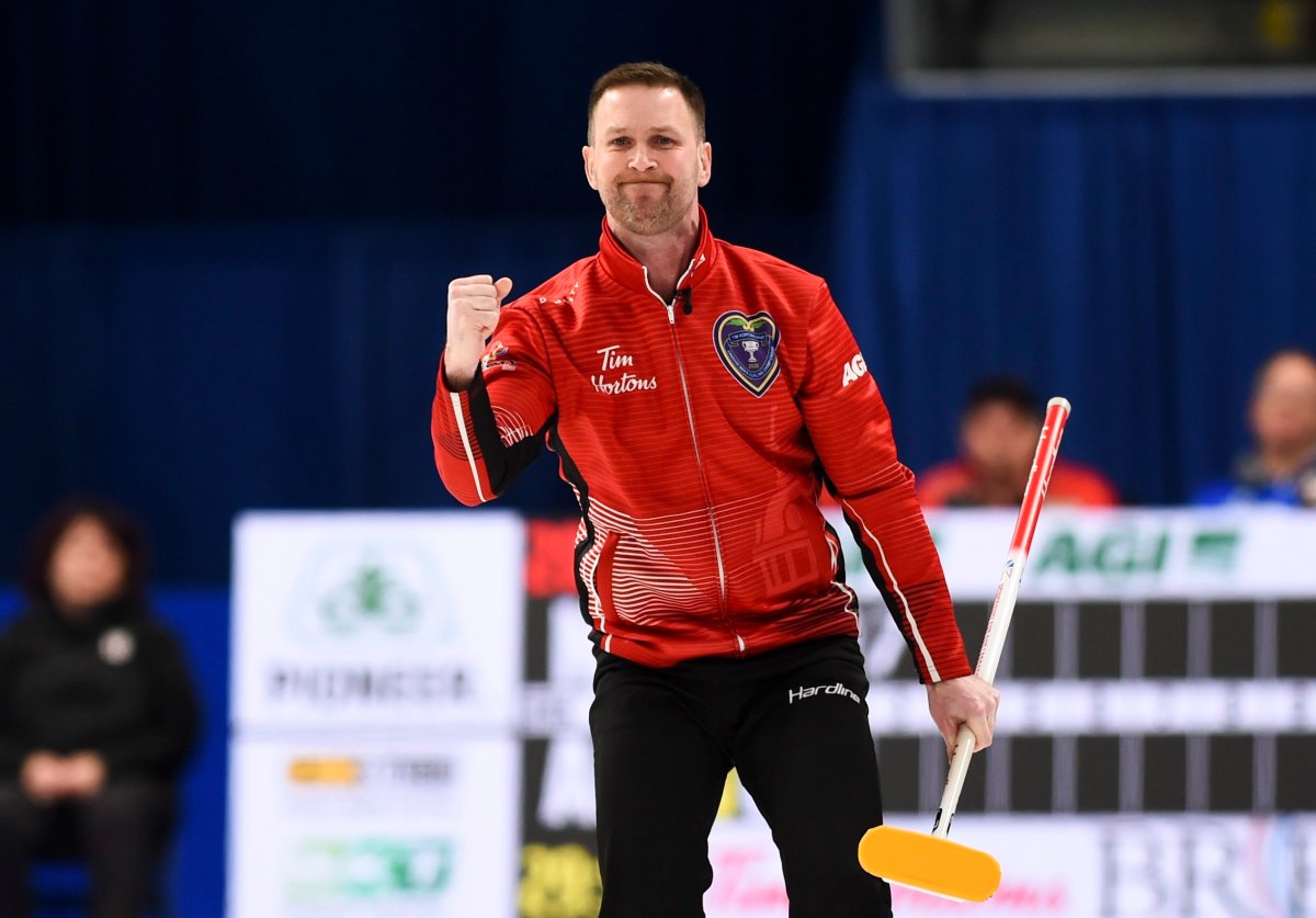 Team Newfoundland skip Brad Gushue reacts to a shot while taking on Team Alberta in the Brier final in Kingston, Ont., on Sunday, March 8, 2020. 