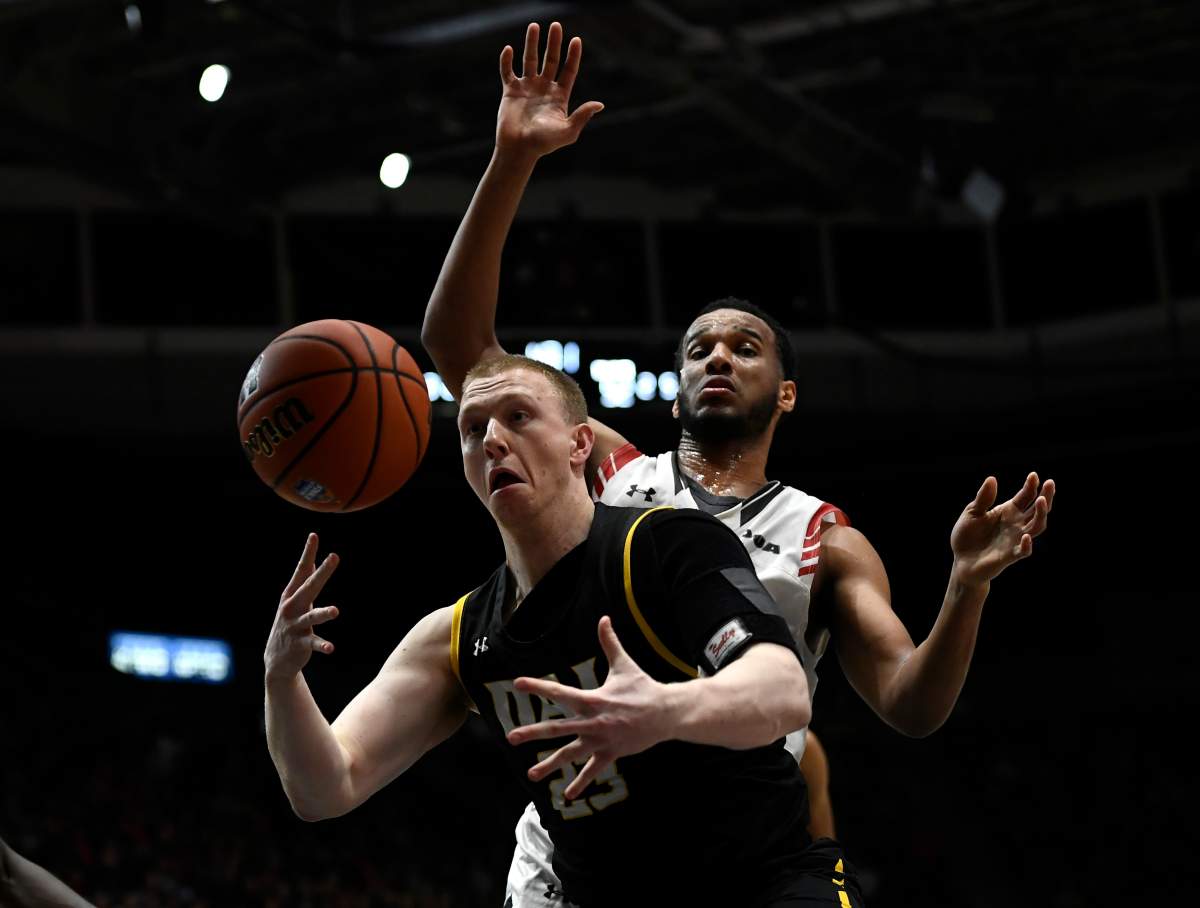 Dalhousie Tigers forward Brent Martindale (23) tries to grab a rebound against Carleton University Ravens’ Biniam Ghebrekidan (21) during the second half of the men’s championship final basketball game of the U Sports Final 8 Championships, in Ottawa, on Sunday, March 8, 2020. THE CANADIAN PRESS/Justin Tang