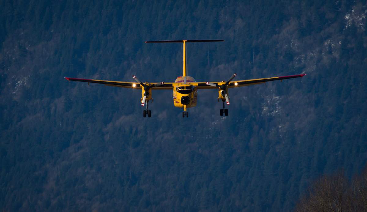 A Canadian Forces CC-115 Buffalo aircraft prepares to land during search and rescue training by the Royal Canadian Air Force 442 Transport and Rescue Squadron at Chilliwack Airport in Chilliwack, B.C., on February 28, 2014.