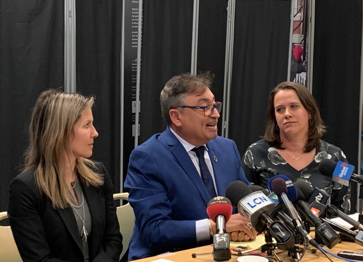 Julie Loslier, director of Montérégie's public health department, left to right, Quebec director of public health Horacio Arruda, Montreal public health director Dr. Mylène Drouin, speak at a press conference in Montreal on Tuesday, March 10, 2020. 