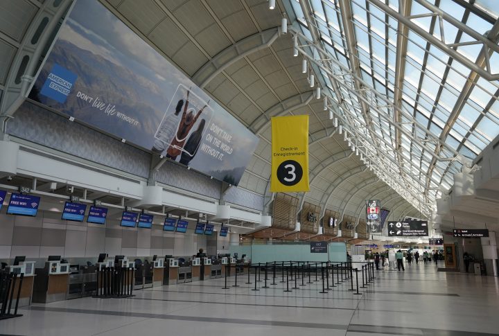 An almost-empty Terminal 3 is shown at Pearson International Airport in Toronto, Friday, March 13, 2020. 