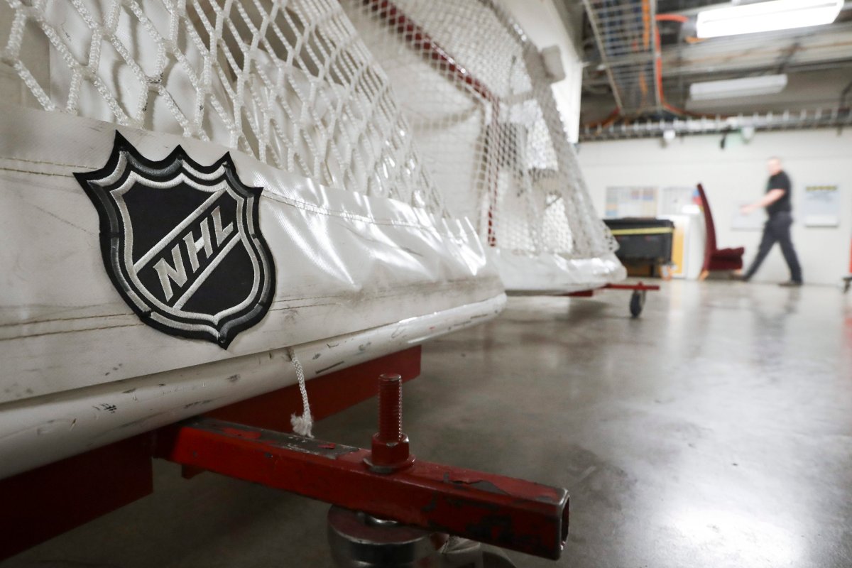 In this March 12, 2020, file photo, goals used by the NHL hockey club Nashville Predators are stored in a hallway in Bridgestone Arena in Nashville, Tenn.