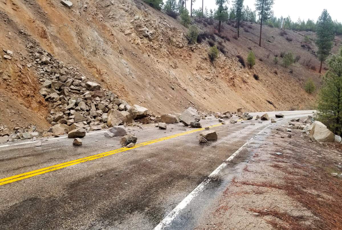 This photo provided by Tyler Beyer shows a rockslide on Highway 21 near Lowman, Idaho, after a magnitude 6.5 earthquake struck Tuesday, March 31, 2020. The earthquake struck north of Boise, Idaho, Tuesday evening, with people across a large area reporting shaking.